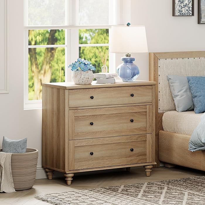 WAMPAT Farmhouse Nightstand with 3 Drawers, Large Wood Bedside Table Night Stand, Wide Sofa Side End Table 3 Drawers for Bedroom, Oak, 34 inch | Amazon (US)