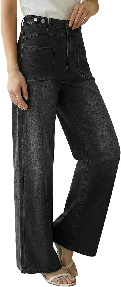 Arach&Cloz Womens Lyocell Cotton Denim Adjustable Waist Stretchy Spring Wide Leg Jeans | Amazon (US)