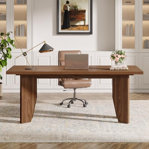 Tribesigns 63" Executive Desk, Mid-Century Modern Office Computer Desk with Sturdy Legs, Large Wooden Workstation Writing Table, Farmhouse Business Furniture for Home Office, Brown | Amazon (US)