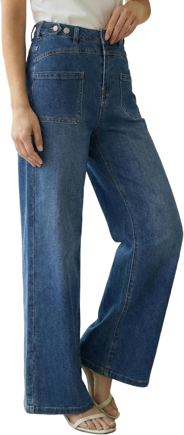 Arach&Cloz Women's Lyocell Blend Adjustable Waist Fall Wide Leg Jeans | Amazon (US)