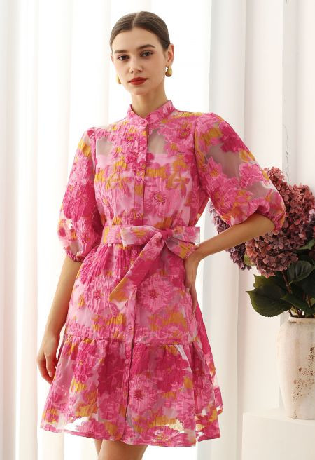 Floral Jacquard Puff Sleeves Organza Buttoned Belted Dolly Dress | Chicwish