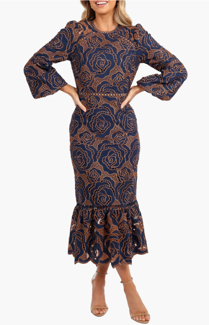 Skin-baring inset details bring a flirty vibe to this balloon-sleeve mermaid dress with lacy embroidery details all over. Thanksgiving, holiday outfit.  

 #LTKHoliday #LTKSeasonal #LTKWorkwear