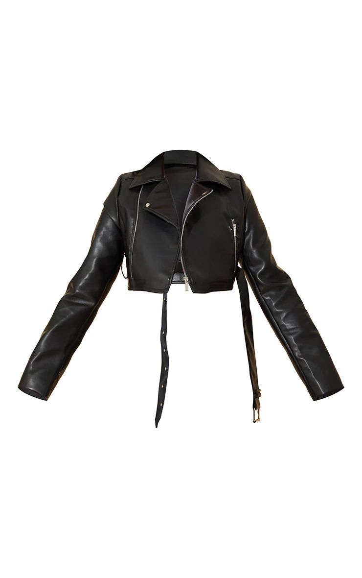 Black Faux Leather Super Cropped Belted Biker Jacket | PrettyLittleThing US