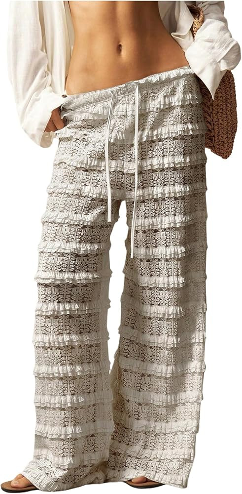 RoseSeek Women's Crochet Lace Pants Ruffle Layered Elastic Waist Mesh Bathing Suit Cover Up Beach... | Amazon (US)
