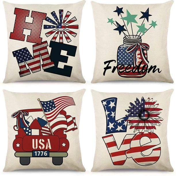 4th of July Pillow Covers 18x18 Set of 4 Independence Day Memorial Day Patriotic Farmhouse Decor ... | Walmart (US)