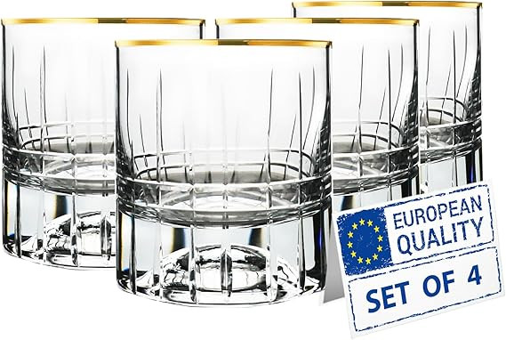 Gold Rim Whiskey Glasses | Set of 4 | Etched Old-Fashioned Tumbler, Crystal-Cut Rocks Lowball, Pr... | Amazon (US)