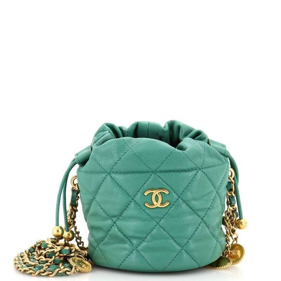Chanel Medallion Charms Drawstring Bucket Bag Quilted Caviar Mini Green | Poshmark