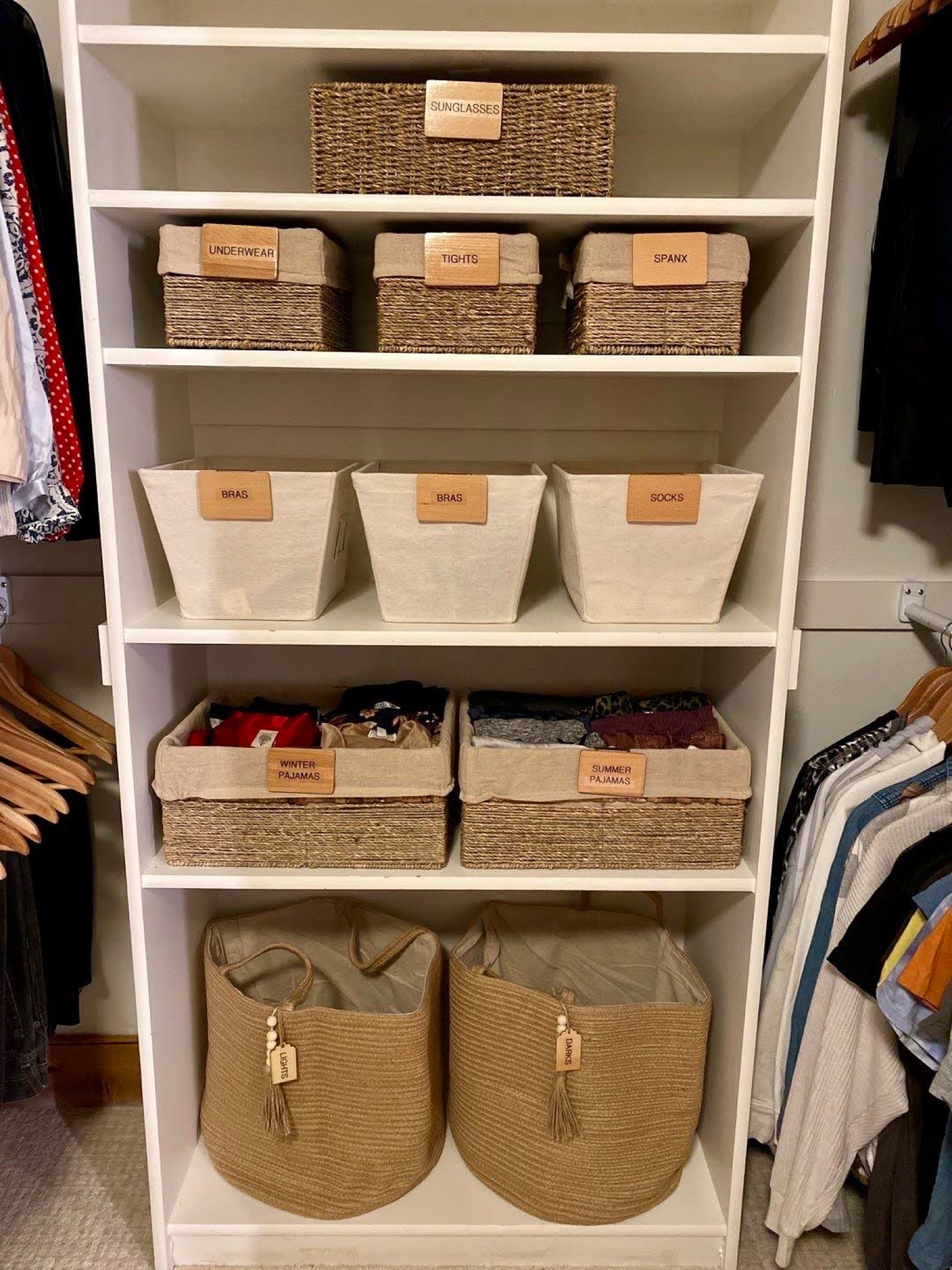 A simple, relaxing closet space | Use baskets and bins lined with fabric to store smaller items, especially if there is no drawer space. 

#LTKhome