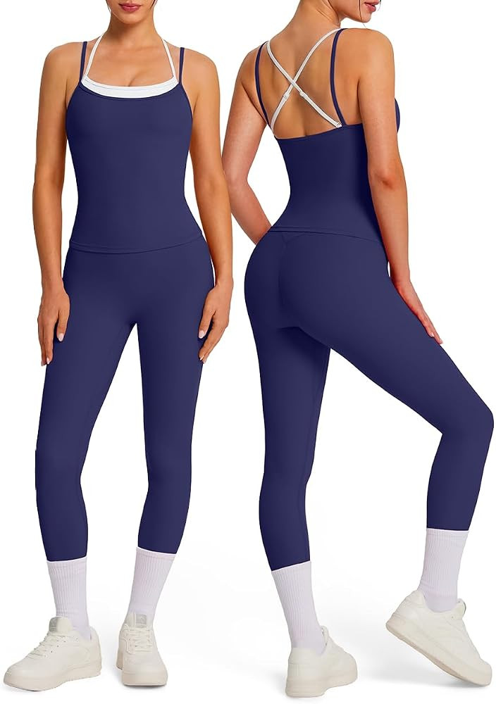 OMKAGI Double Layer Workout Sets for Women Open Back Tank Booty Gym Outfits | Amazon (US)