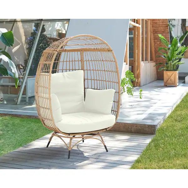 Manhattan Comfort Spezia Freestanding Steel and Rattan Outdoor Egg Chair with Cushions - Cream | Bed Bath & Beyond