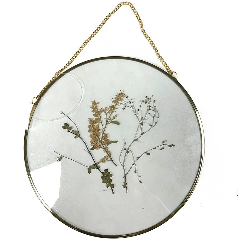 Hanging Gold Circular Framed Glass Dried Pressed Floral Wall Decor - Walmart.com | Walmart (US)