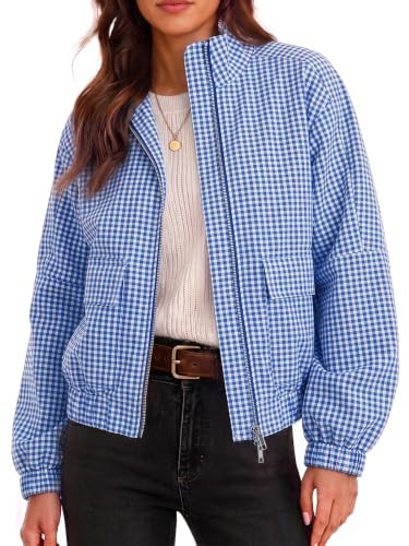 Womens Cropped Plaid Jacket Zip Up Lightweight Casual Coat with Pockets | Amazon (US)