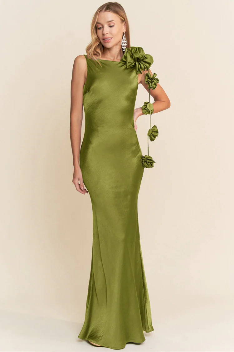 Lana Cowl Back Gown with 3D Floral Trim - Olive Green | Confête