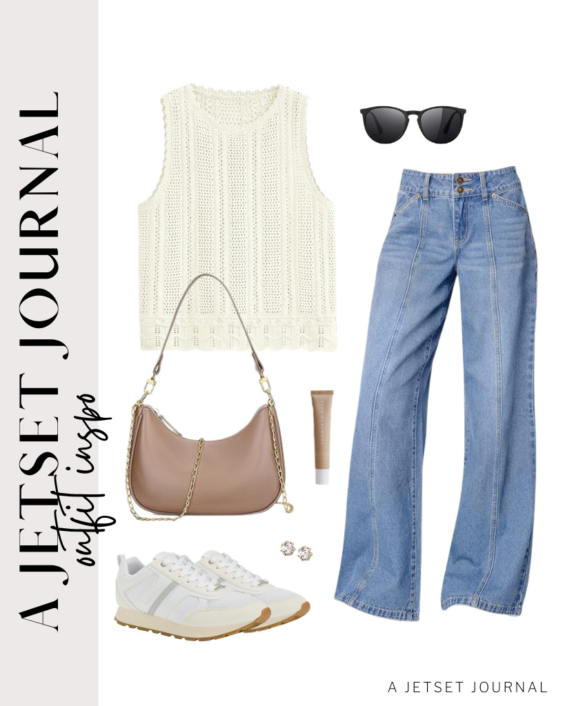 A white crochet sweater vest and white Calvin Klein sneakers go well with these wide-leg jeans from Sidefeel. You can carry a small crescent shoulder bag and wear trendy sunnies from SOJOS to style this outfit. 

 #LTKSeasonal #LTKSaleAlert #LTKTravel