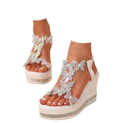 Women's Rhinestones High Heel Wedge Sandals Platform Fashionable Butterfly Bling Rhinestones Cute Slides with Adjustable Elastic Ankle Strap Summer Dressy Comfortable Wedding Party Sandals | Amazon (US)