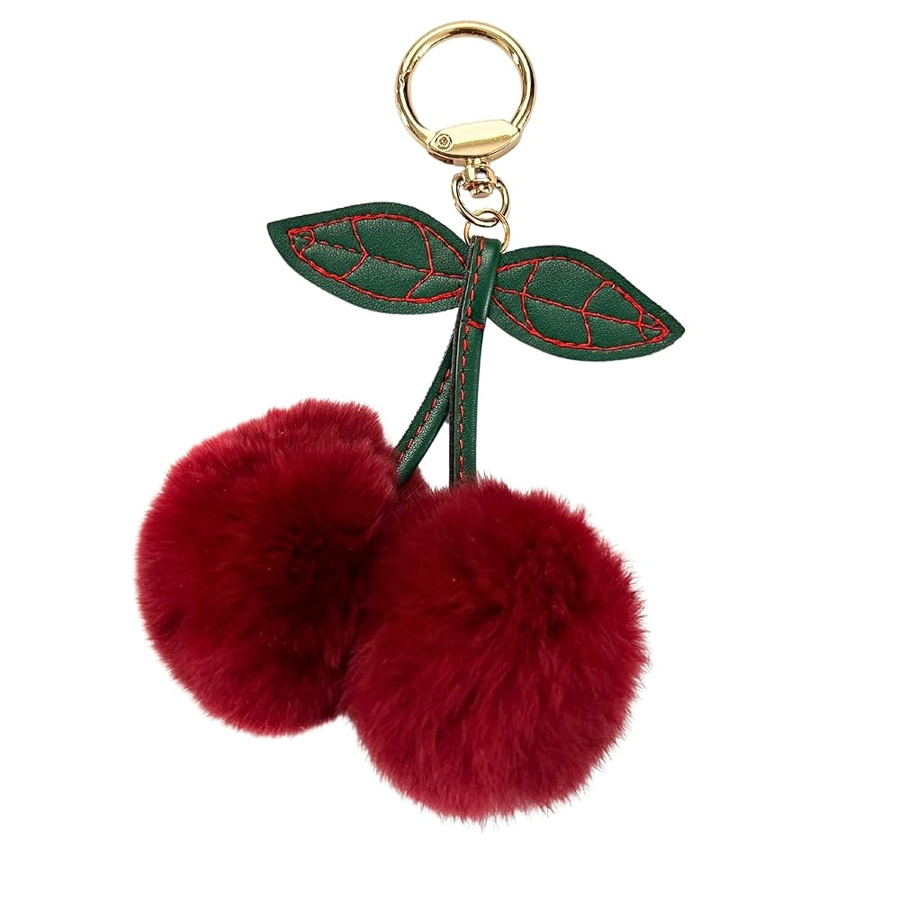 Oasis & Sea Cherry Charm Pom Pom Keychain, Gold Cherry Bag Charm, Fruit Fur Ball Fluffy Keychain ... | Amazon (US)