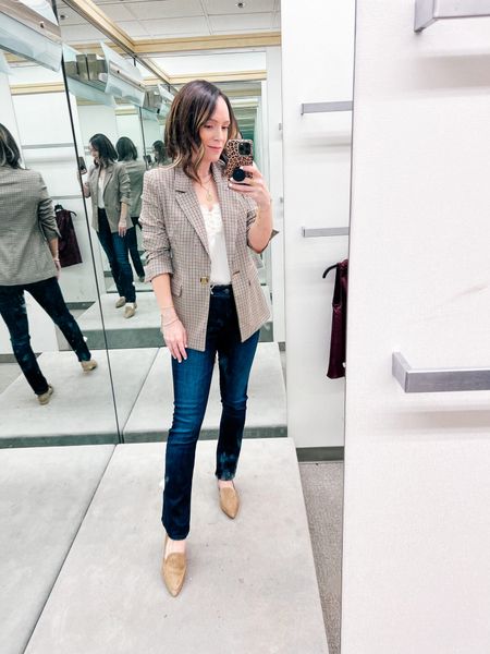 A wardrobe essential for fall - the plaid blazer! Runs TTS. I styled it with slim straight jeans from AG (run TTS) and pointy toe loafers. 

#LTKworkwear #LTKshoecrush #LTKxNSale