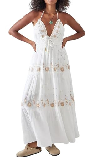 ebossy Women's Summer Boho Embroidered Daisy Maxi Dress Halter Shirred V Neck Backless Flowy Vaca... | Amazon (US)