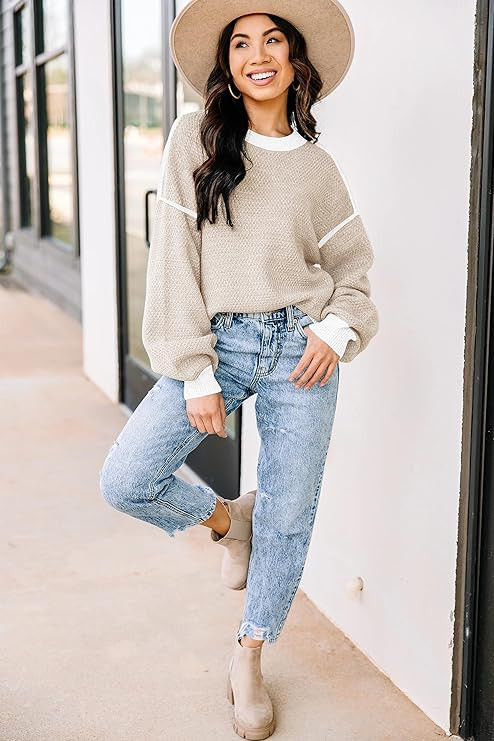 Womens Sweaters Fall 2024 Fashion Long Sleeve Color Block Oversized Sweaters Trendy Casual Crew N... | Amazon (US)