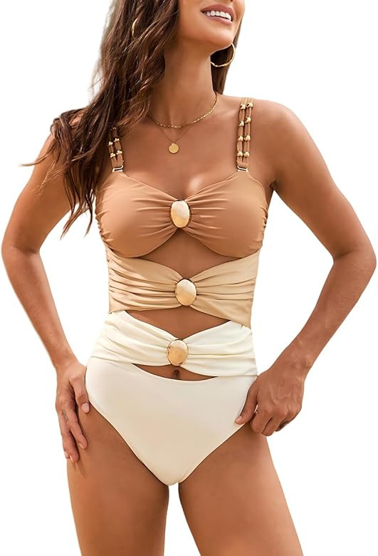 Tainehs Women's One Piece Swimsuits Color Block Tummy Control High Waisted Bathing Suit | Amazon (US)