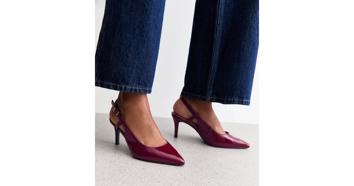 Wide Fit Dark Burgundy Faux Leather Slingback Court Shoes | New Look | New Look (UK)