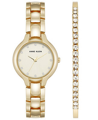 Women's Quartz Crystal Accented Champagne Dial Gold-Tone Alloy Metal Watch Set, 28mm | Macy's