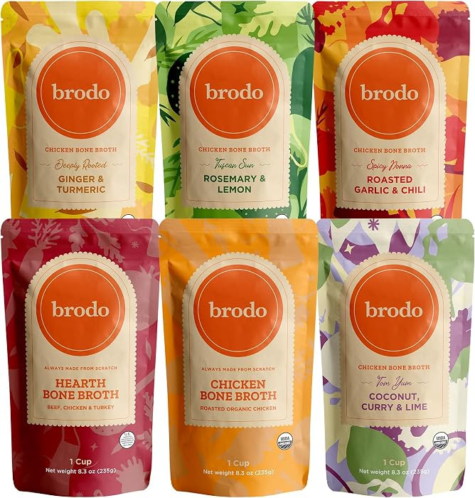 Brodo Broth Variety Pack | 1 Chicken, 1 Hearth, 1 Deeply Rooted, 1 Spicy Nonna, 1 Tom Yum, 1 Tuscan Sun Single Serving Pouches | Not Made From Concentrate, No Preservatives (6x 8.3 oz Pouches) | Amazon (US)
