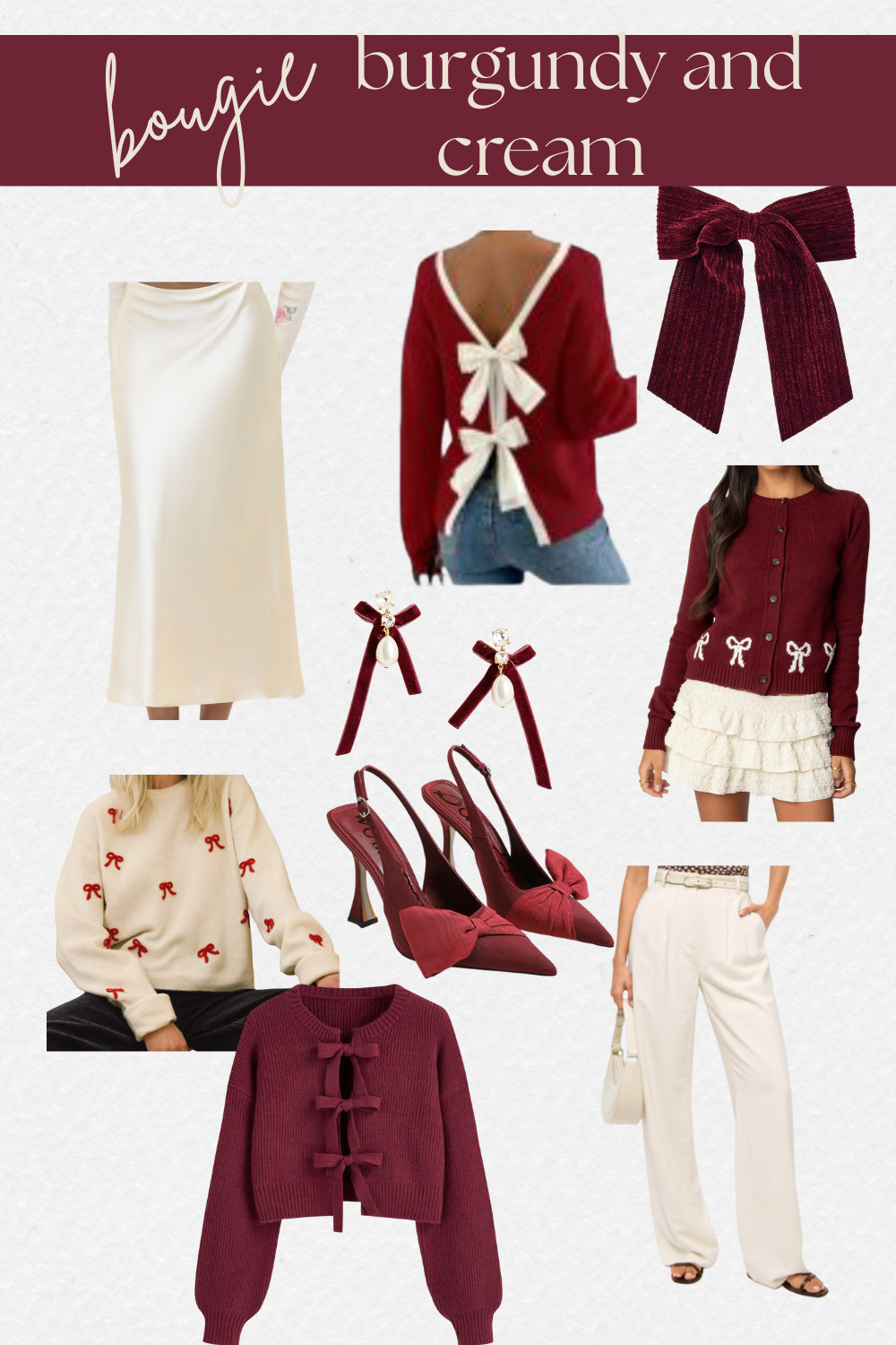 Bougie burgundy and creamy neutrals--rich tones, luxe textures, and timeless pieces. Perfect color palette for elevated winter outfits. Easy to mix and match! Save for inspo! #winterstyle #holidayoutfits #burgundyoutfits #creamoutfits  

 #LTKHoliday #LTKootd