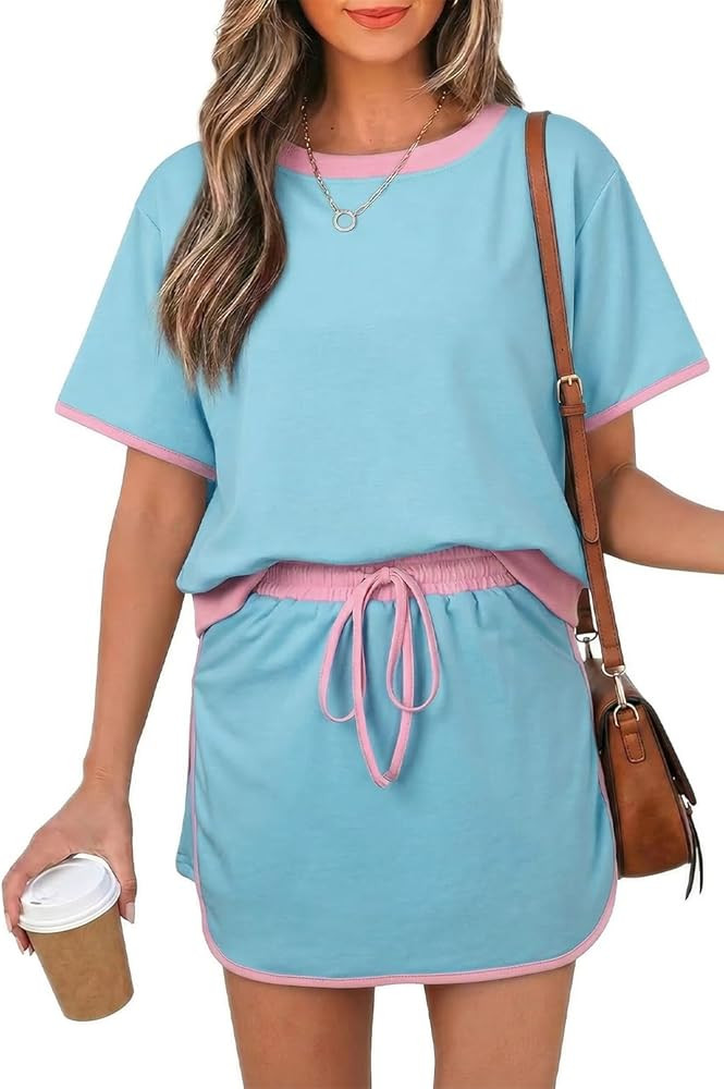 Womens 2 Piece Skort Set 2026 Color Block Short Sleeve Top Drawstring Skort Matching Sets Casual ... | Amazon (US)