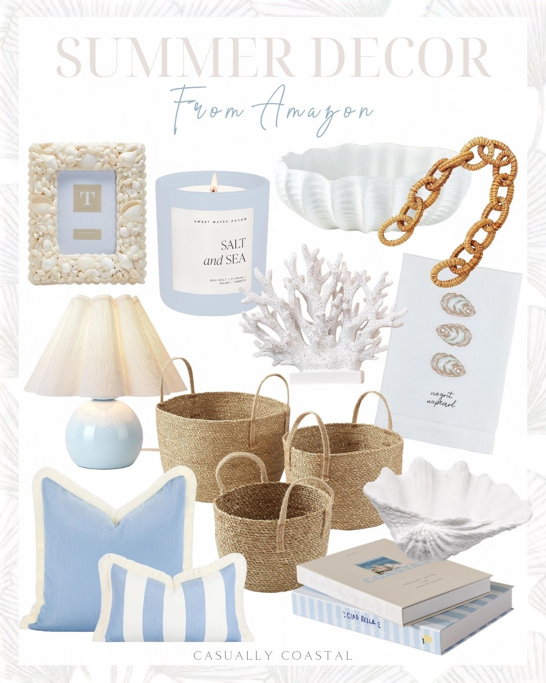 Summer Decor From Amazon

Amazon home decor, summer home, beach house decor, coastal decor, coastal home, coastal decorative books, mud pie no oyster embroidered towel, coastal towels, white coral decor, braided seagrass baskets, Amazon baskets, coastal baskets, shell photo frame, coastal photo frame, sweet water decor salt and sea candle, soy candle, Amazon candle, white scalloped clam shell bowl, sea shell bowl, conch bowl, rattan chain link, coastal lamp, blue lamp, Amazon lamp, coastal pillow cover, Amazon pillow cover, outdoor performance throw pillow cover, blue pillow cover, striped pillow cover, sea shells

#LTKHome #LTKSeasonal