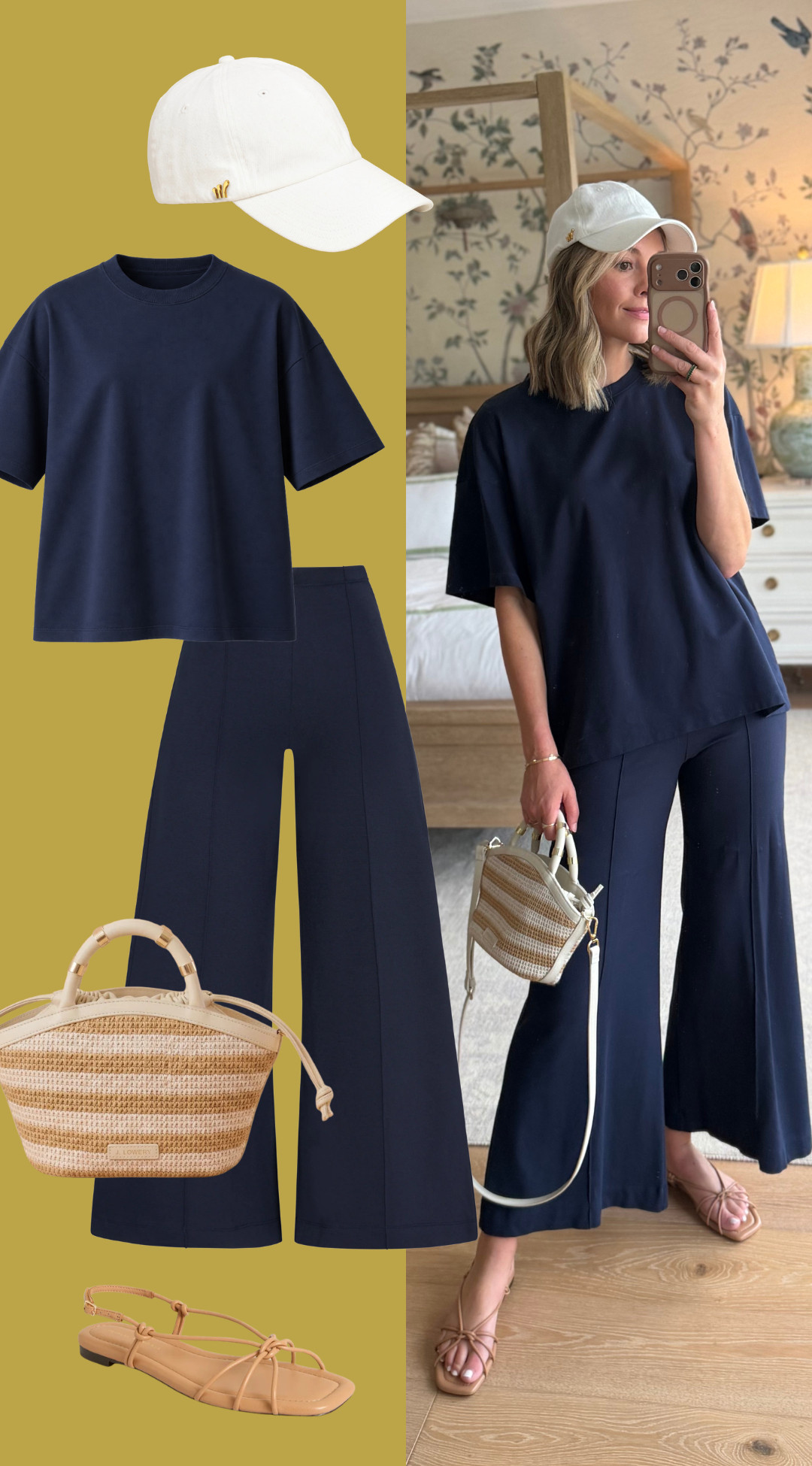 this navy set is such a good one for travel days, errands, or any time you want something comfortable that still feels pulled together. i love the relaxed tee with the wider-leg pant, and the monochromatic navy makes it feel a little more elevated than your typical matching set.

styled here with a baseball cap, neutral sandals, and a woven bag, but it would be just as easy with sneakers for a full day of running around. wearing a size 2 in both the top and pants.  

 #LTKootd #LTKSeasonal