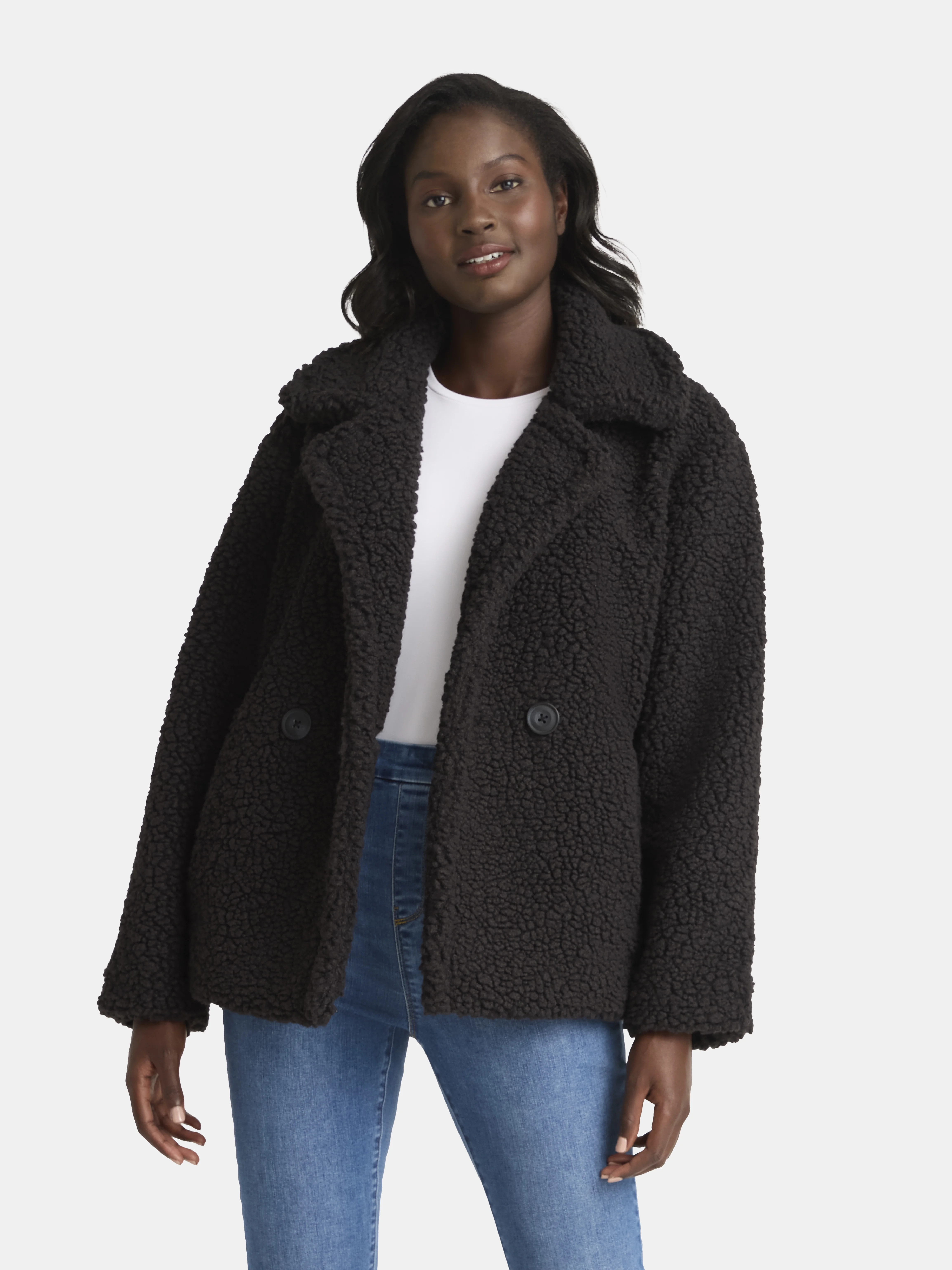 Time and Tru Women's and Women’s Plus Cozy Teddy Double Breasted Jacket, Heavyweight, Sizes XS-... | Walmart (US)