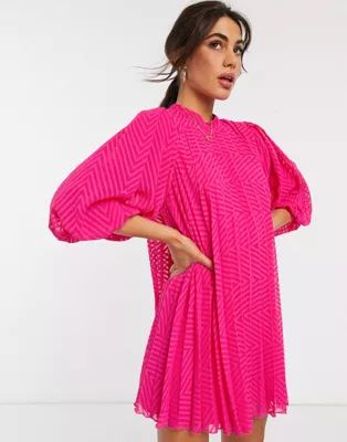 ASOS DESIGN pleated trapeze mini dress with puff sleeves in dobby in hot pink | ASOS (Global)