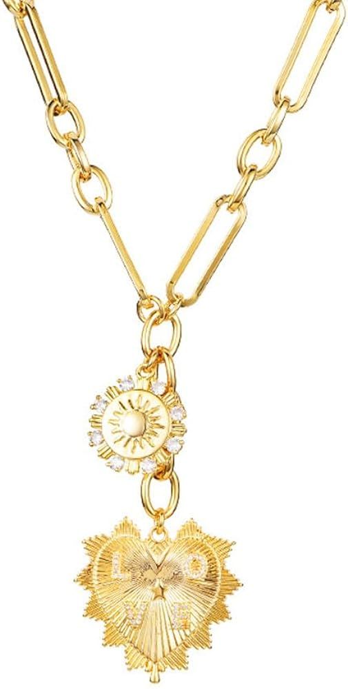 Elefezar 18K Gold Plated Sun Heart Pendant Necklace Minimalist Chunky Paperclip Chain Hip Hop Cho... | Amazon (US)