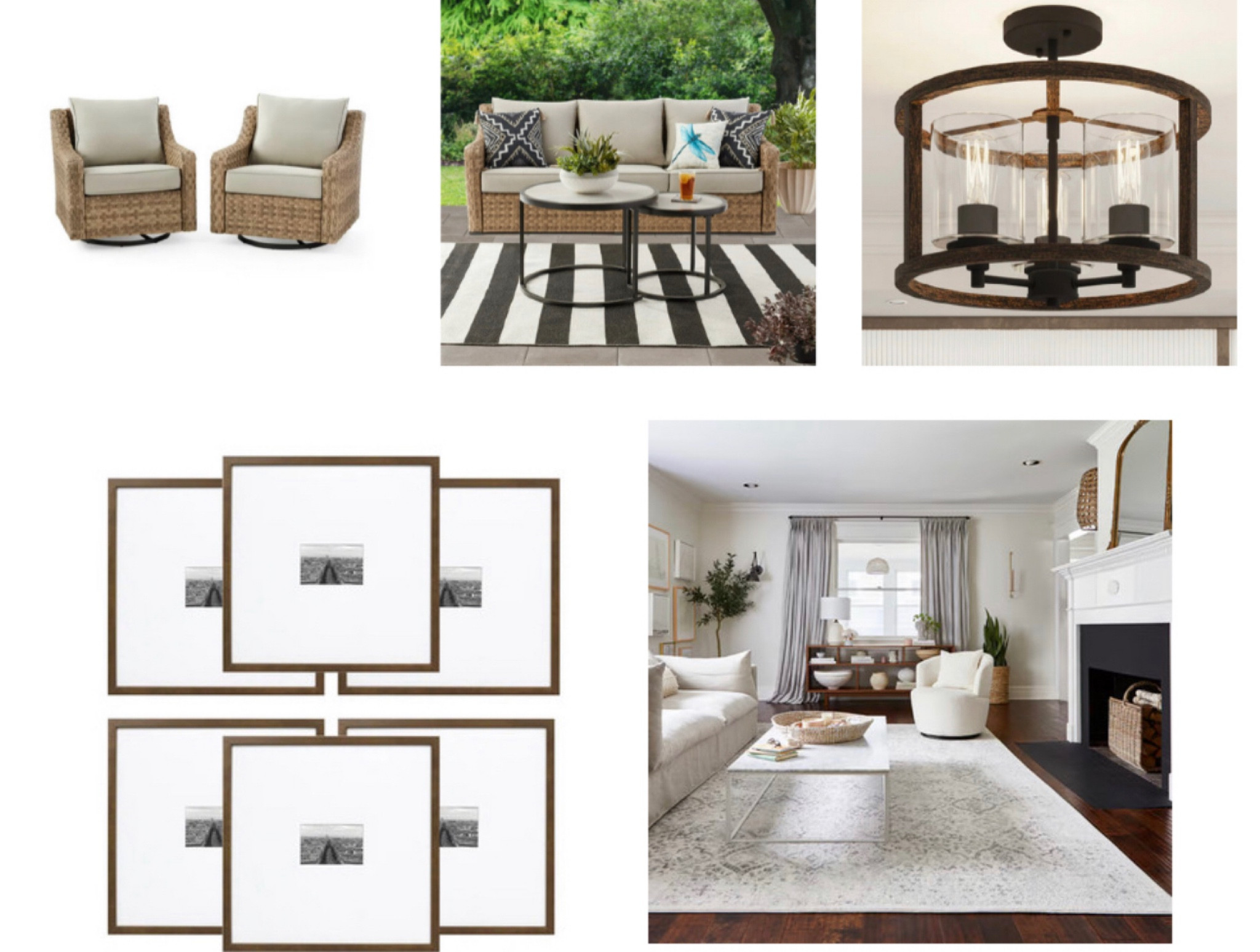 Better Homes & Gardens River Oaks 3 piece sofa & nesting table set

Better Homes & Gardens River Oaks 2 piece swivel glider 

- Walmart

3 light glass semi flush Mount 
- Wayfair

Wood picture frame

- Wayfair

Floral ivory rug

- Rugsusa



#LTKFind 

#LTKhome #LTKsalealert