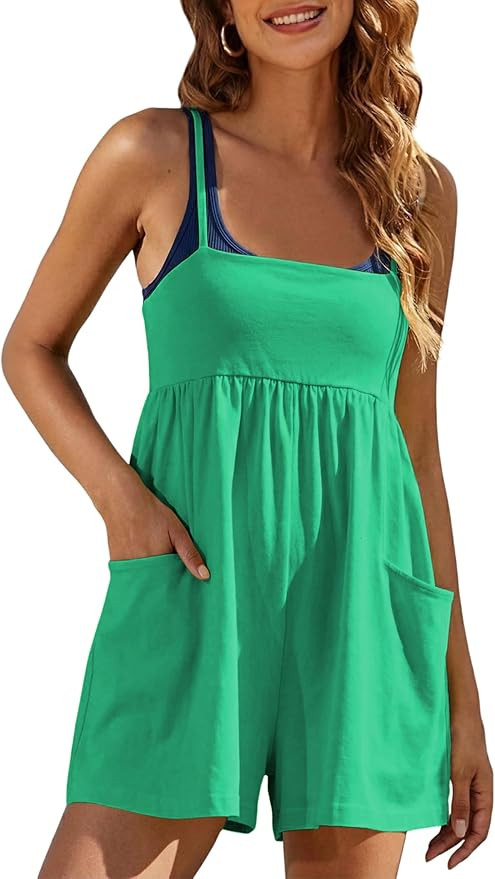 Womens Summer Strappy Romper Casual Spaghetti Strap Hot Shot Overall | Cute Square Neck, Adjustab... | Amazon (US)