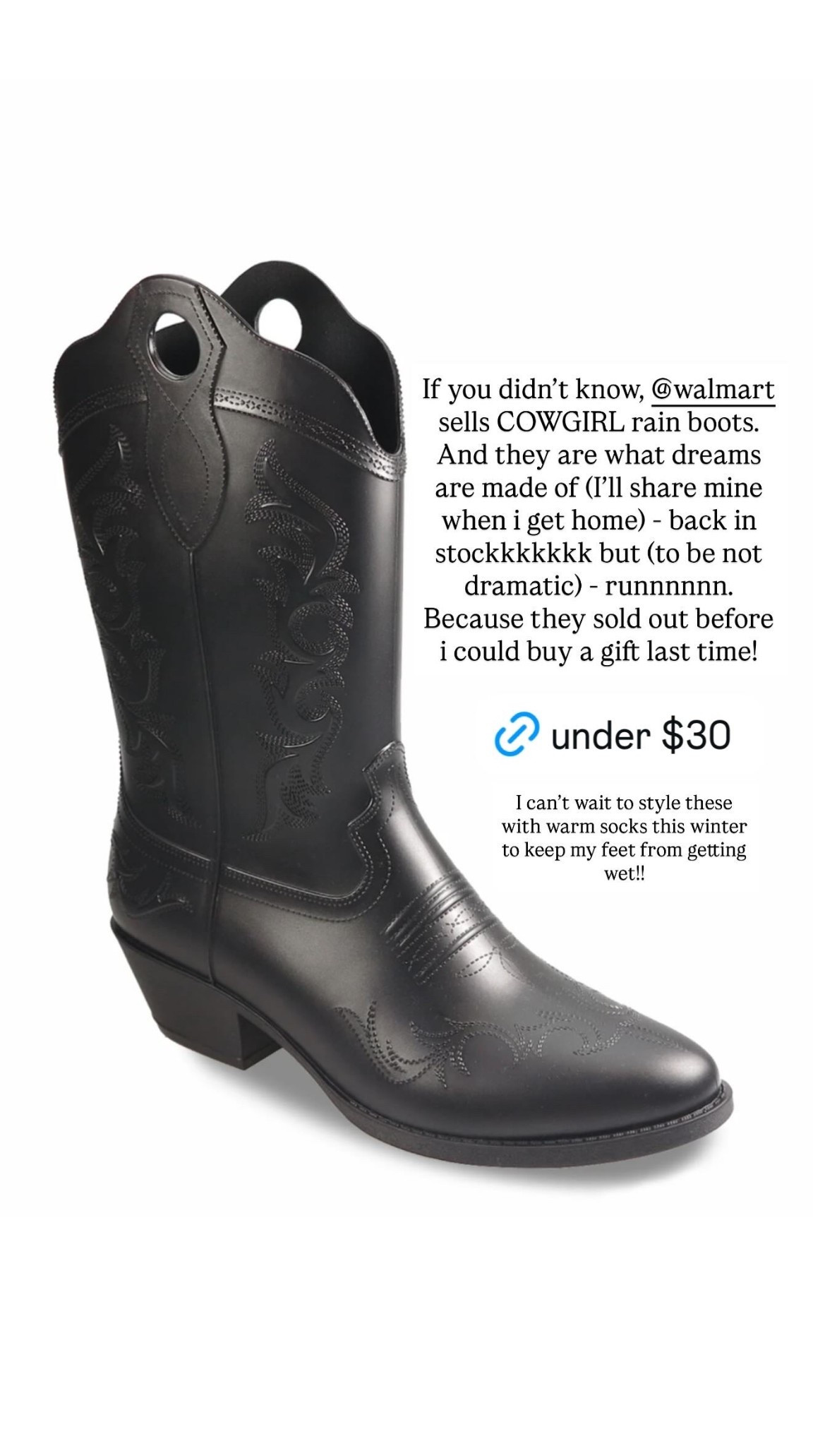 Not trying to be dramatic, but they sold out so quickly last time. I really wanted to grab one as a gift after I got a pair for myself and they went so fast that I wasn’t able to! These Walmart cowgirl boot rain boots are seriously so darling and I cannot wait to style them this winter with warm fuzzy socks to keep my feet dry!

#LTKGiftGuide #LTKCyberWeek #LTKootd