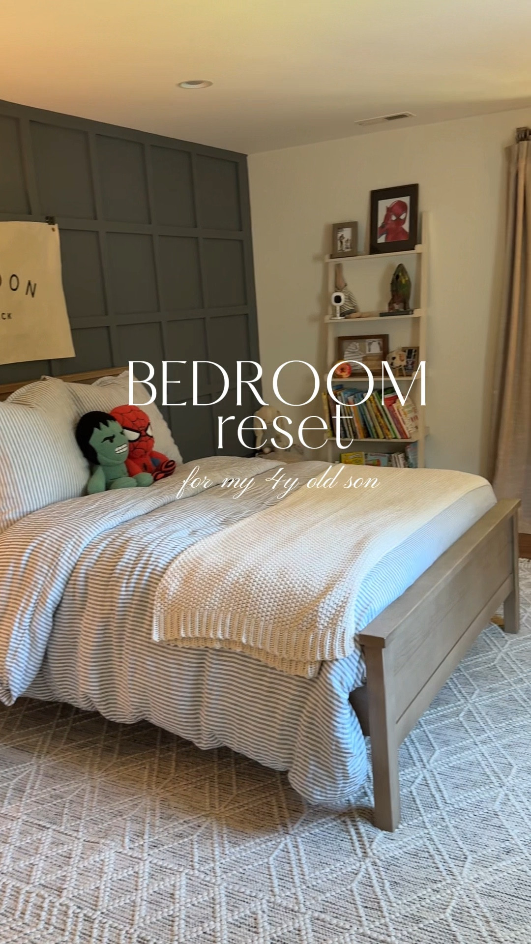 Landon’s big boy bedroom decor. Accent wall is paint BM Rocky Coast & rest of bedroom is BM Swiss Coffee at 75%. I also linked the command clips we used to hang name banner 

4yr old bedroom, kids bedroom, kids decor, marvel, rug, bedroom rug, kids rug 

#LTKHome #LTKFindsUnder100 #LTKKids