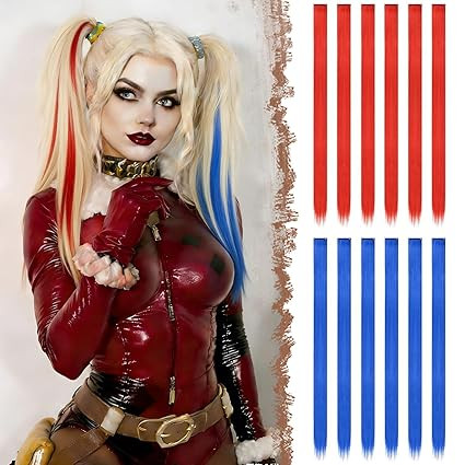 FESHFEN Colored Clip in Hair Extensions - 12 PCS Blue and Red Highlighted Hair Piece Straight Syn... | Amazon (US)