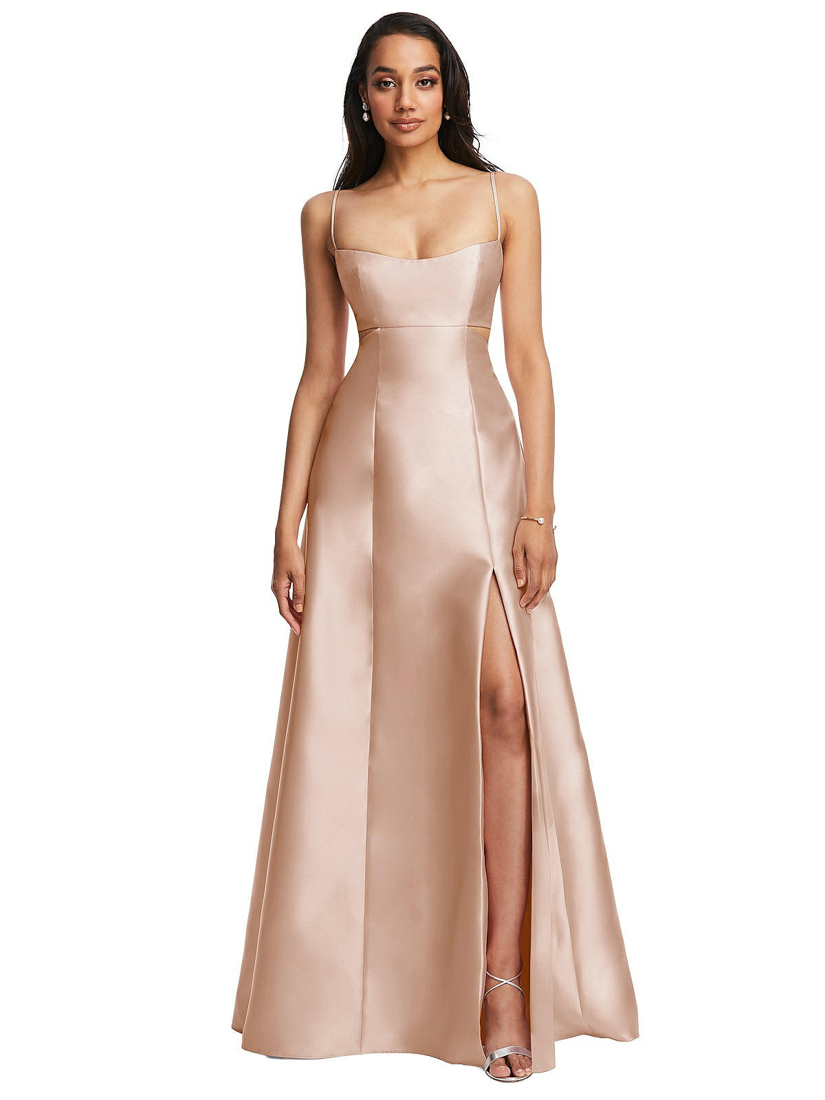 Open Neckline Cutout Satin Twill A-Line Gown with Pockets | The Dessy Group