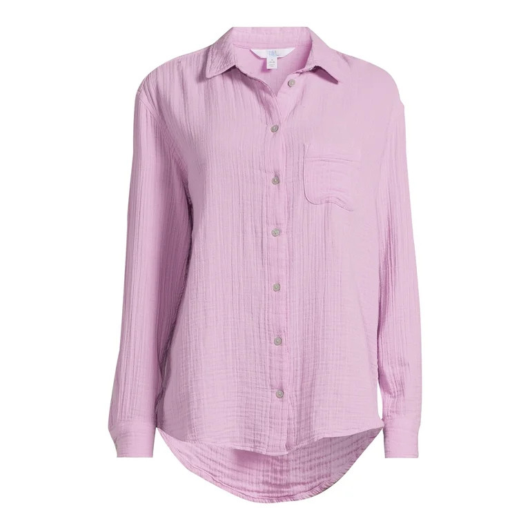 Time and Tru Women’s Double Cloth Shirt with Long Sleeves, Sizes XS-XXXL | Walmart (US)