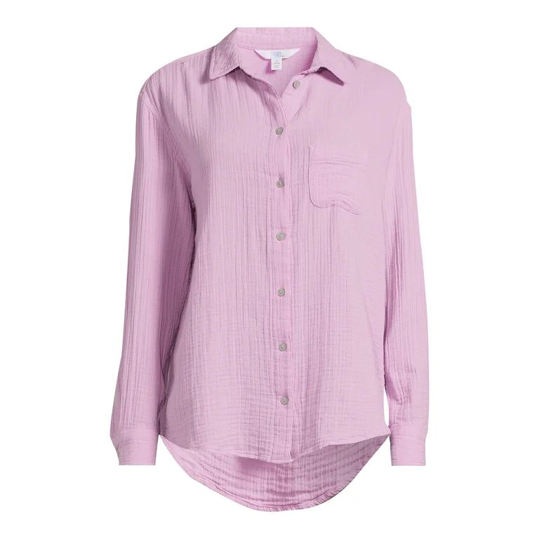 Time and Tru Women’s Double Cloth Shirt with Long Sleeves, Sizes XS-XXXL - Walmart.com | Walmart (US)