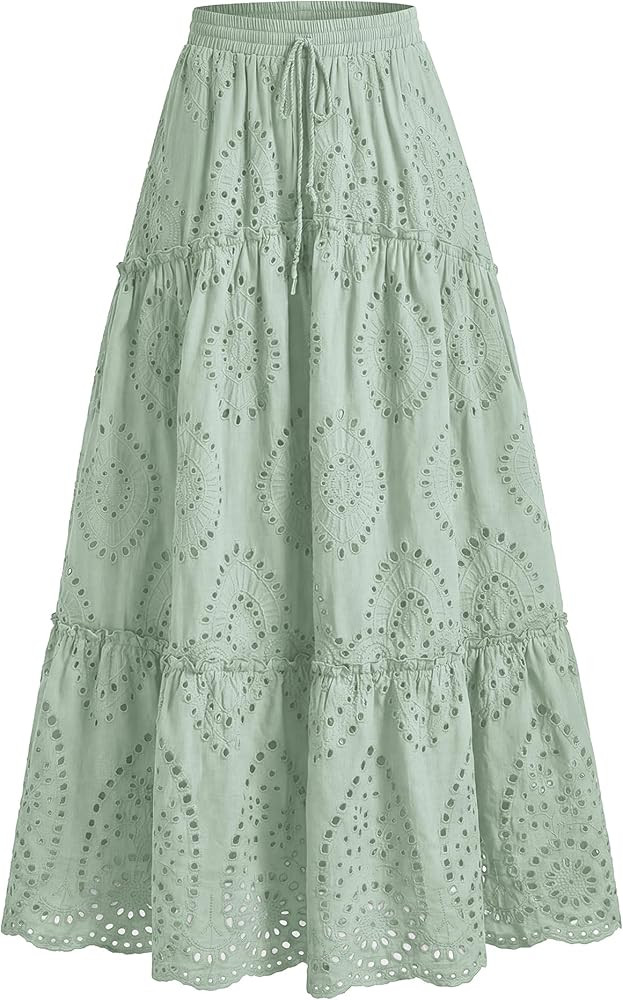 BTFBM Boho Long Skirts for Women Spring Summer 2026 Lace Embroidery High Waist Flowy Tiered Maxi ... | Amazon (US)