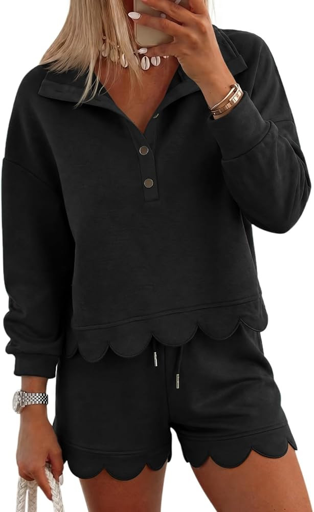 Fisoew Womens 2 Piece Sets Sweatsuits Casual Half Button Long Sleeve Tops and Shorts Sweatshirt W... | Amazon (US)