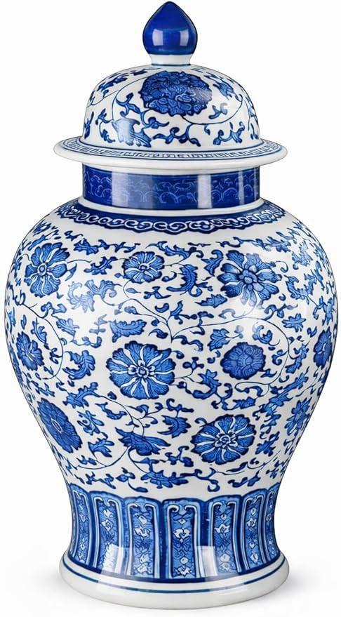 20" Classic Blue and White Porcelain Ceramic Floral Temple Ginger Jar Vase, Large China Ming Styl... | Amazon (US)