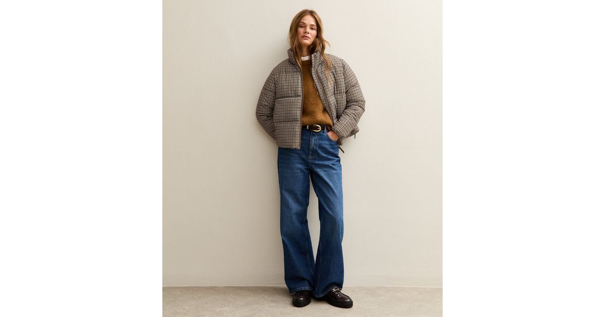 Brown Houndstooth Check Pattern Cropped Puffer Jacket | New Look | New Look (UK)
