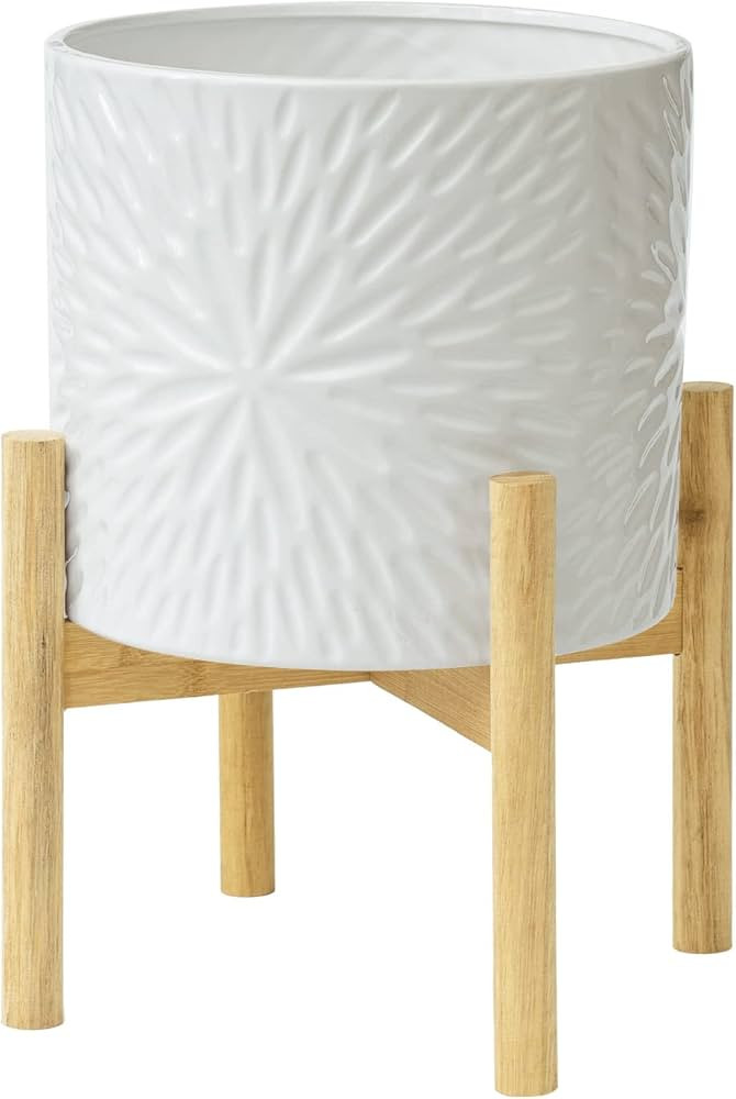 LA JOLIE MUSE Large Ceramic Plant Pot with Wood Stand - 10 Inch Unique Modern Flower Pots Indoor ... | Amazon (US)