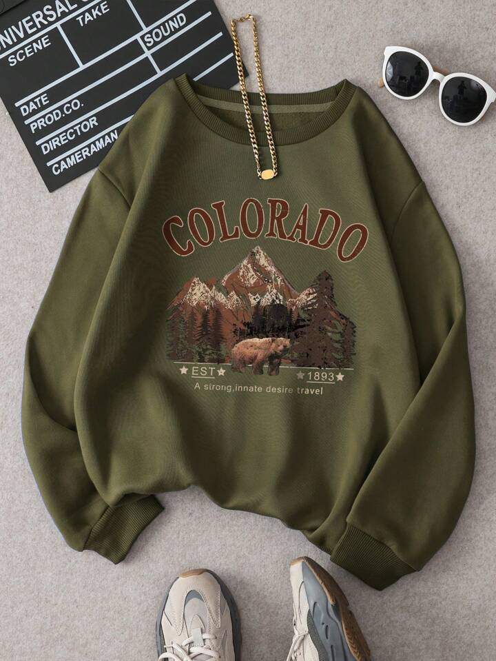 SHEIN LUNE Mountain & Letter Graphic Thermal Lined Sweatshirt | SHEIN