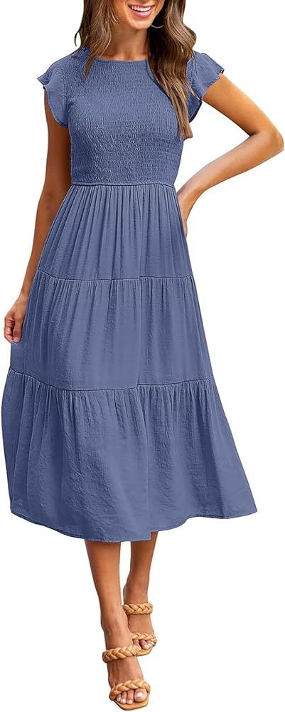 MEROKEETY Women's Flutter Short Sleeve Smocked Midi Dress Summer Casual Tiered A-Line Dress | Amazon (US)