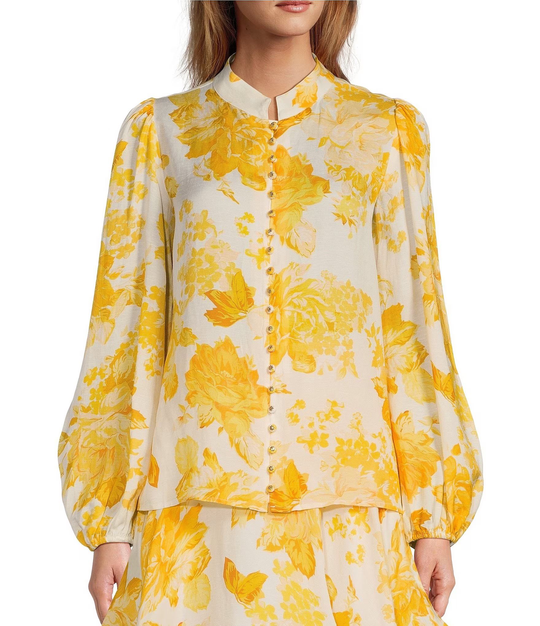 Edie Floral Banded Collar Gold Detail Button Down Coordinating Linen Blouse | Dillard's